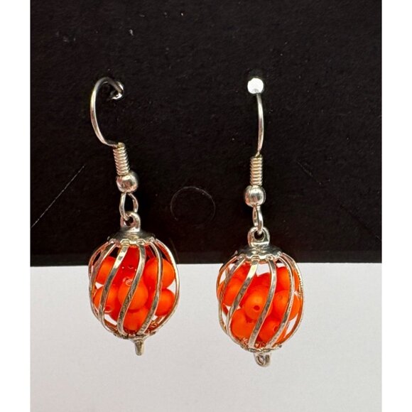 Orange Bead Dangle Earrings With Silver Wire Style Cage Retro 80s Vibrant Fun - Picture 6 of 6